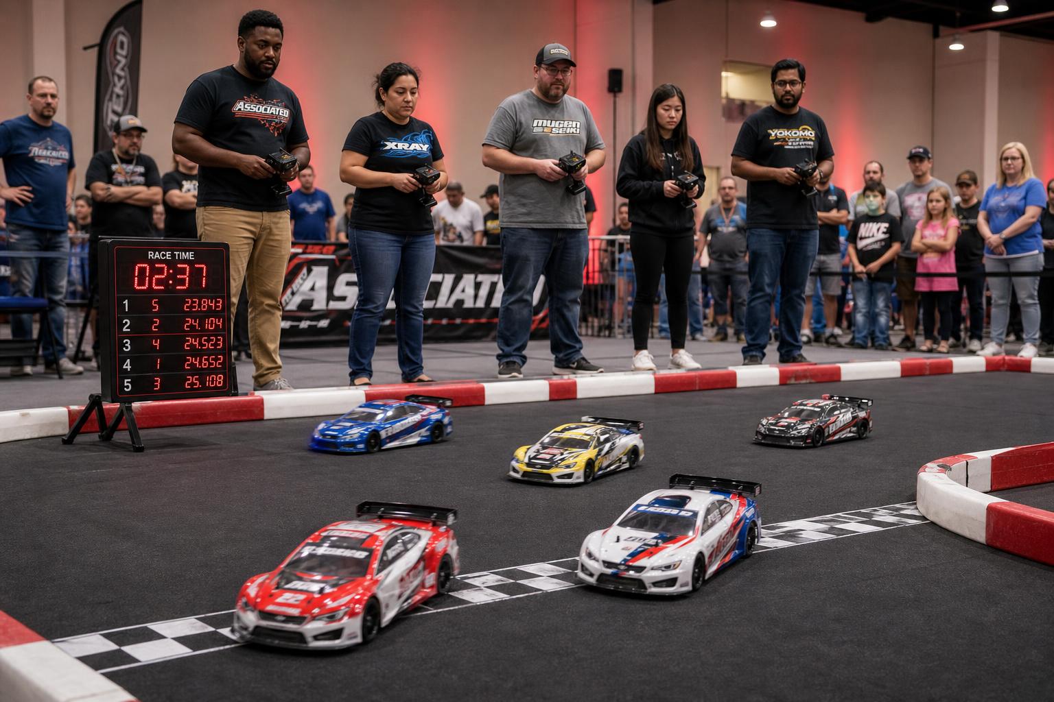 Diverse group of people racing 1/7 scale RC cars on an indoor ground-level track with red and white barriers